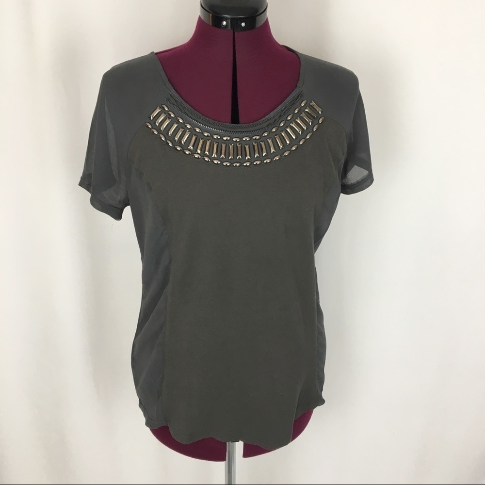 Mur Mur Gray (Grey) Metallic Short Sleeved Slightly Sheer Blouse Top Size Large